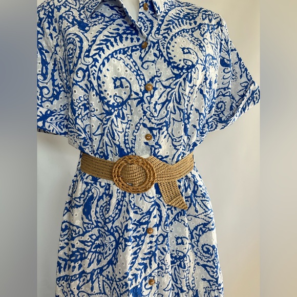 ZARA Blue & White Eyelet Print Tiered Shirt Dress | Coastal Chic Boho XL - Picture 6 of 8